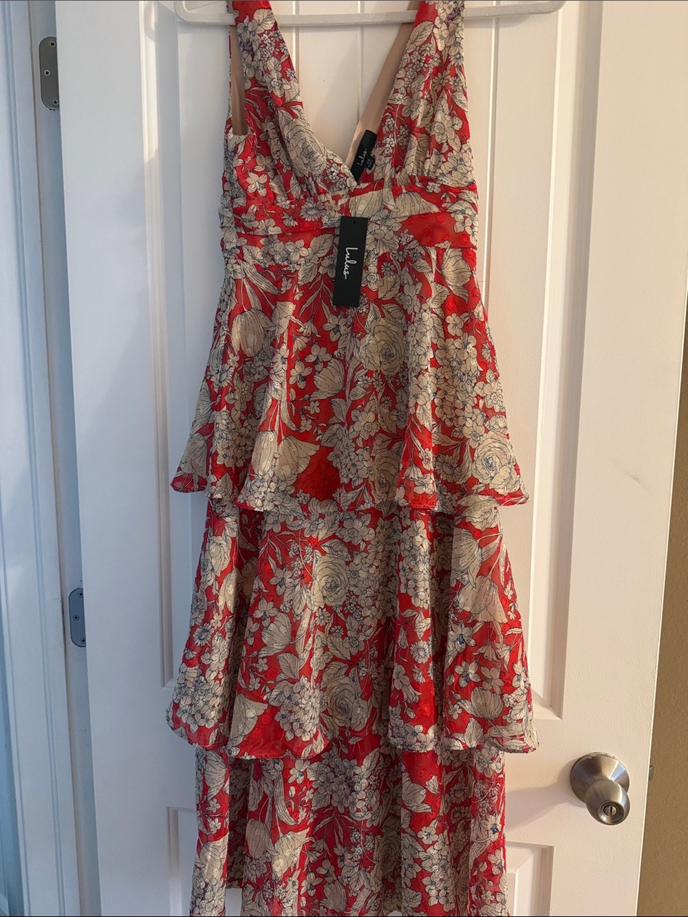 Lulu's Red and Cream Floral Tiered Deep V-Neck Dress